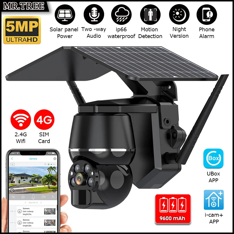 Wireless Solar Security Camera 5MP – 4G SIM & WiFi Outdoor PTZ Camera with Motion Detection & Night Vision