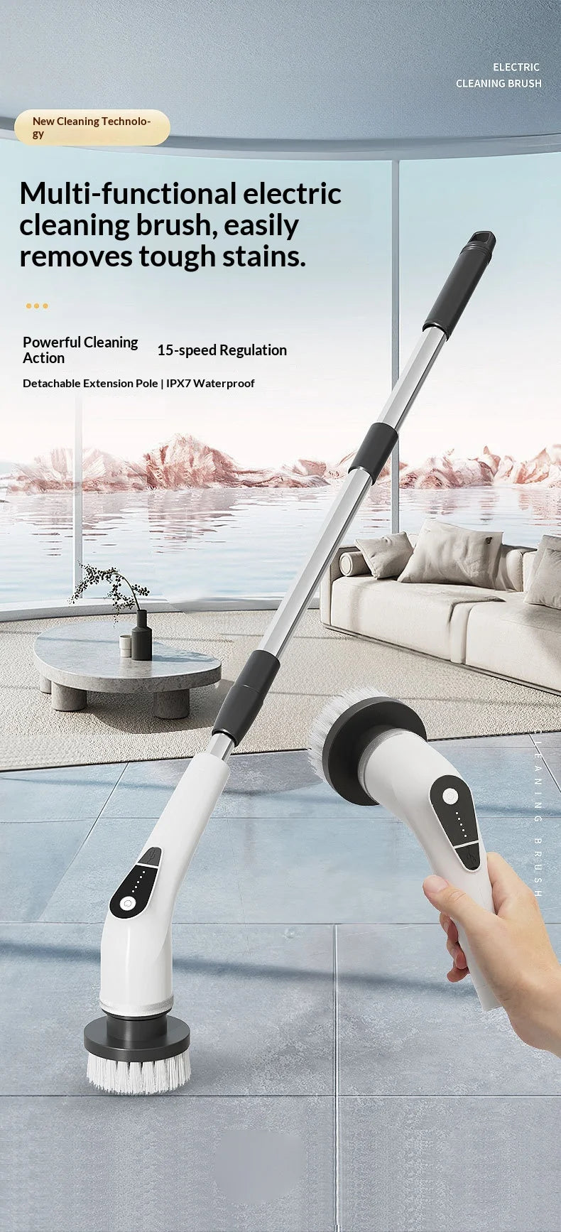 8-in-1 Cordless Electric Cleaning Brush Telescopic Long Handle Rotating Scrubber for Home Kitchen Bathroom Floor