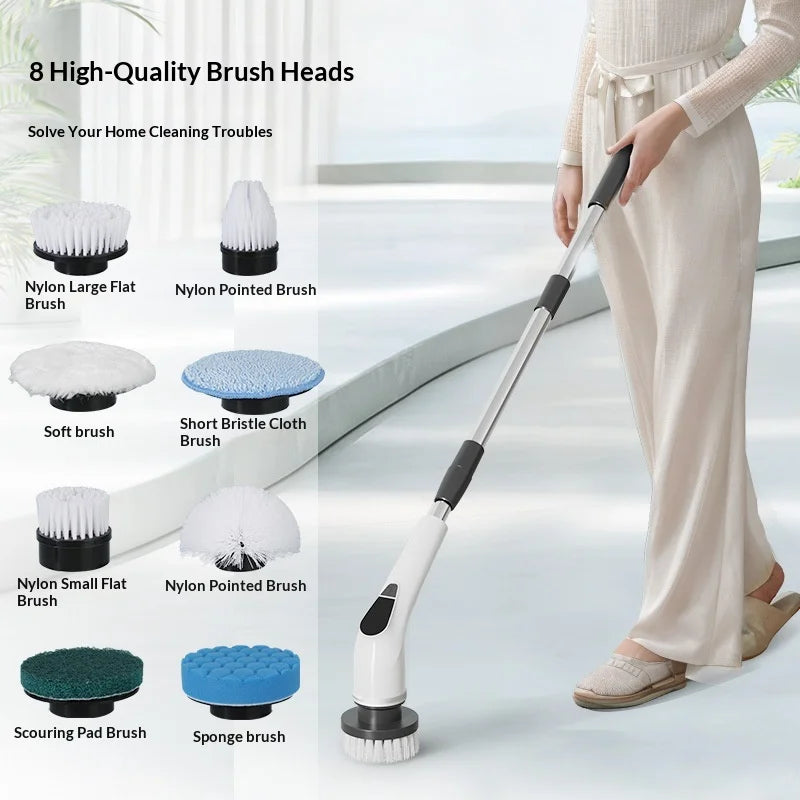 8-in-1 Cordless Electric Cleaning Brush Telescopic Long Handle Rotating Scrubber for Home Kitchen Bathroom Floor