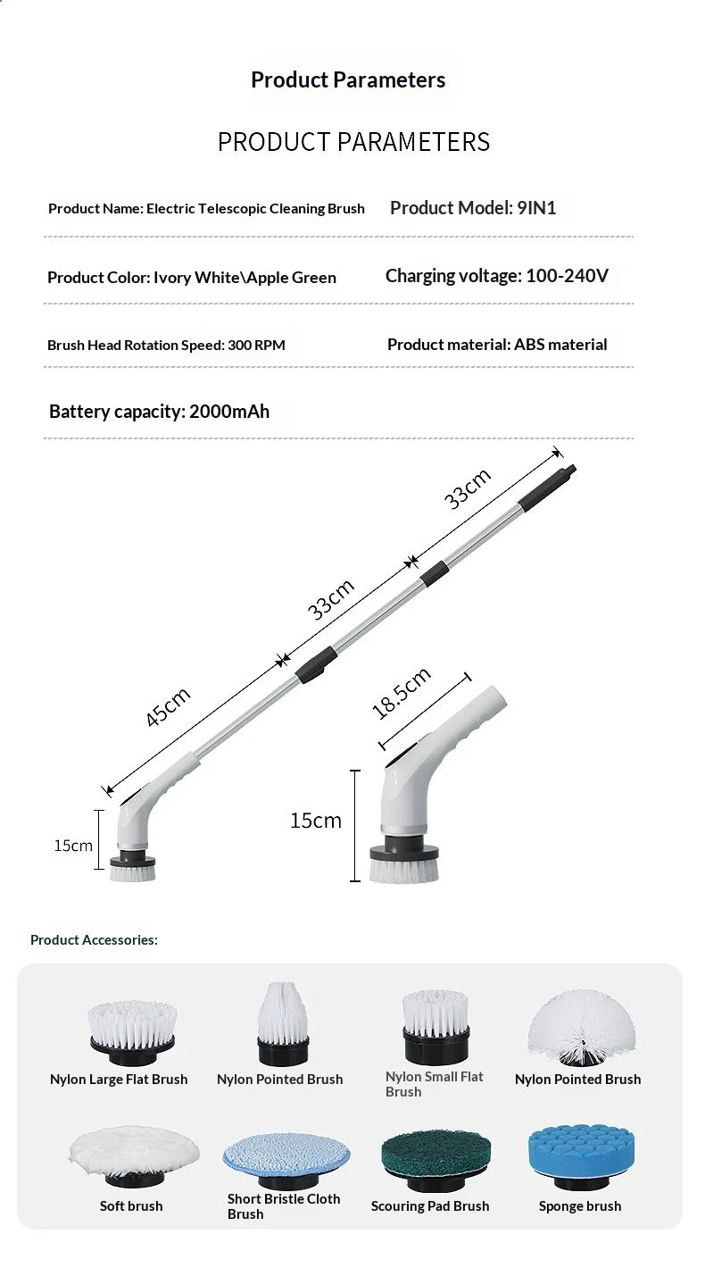 8-in-1 Cordless Electric Cleaning Brush Telescopic Long Handle Rotating Scrubber for Home Kitchen Bathroom Floor