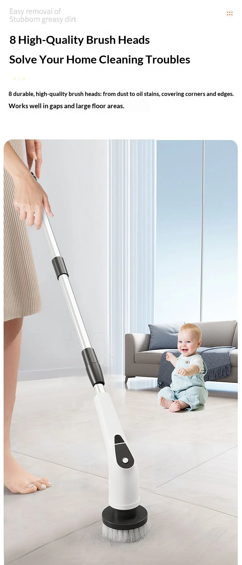 8-in-1 Cordless Electric Cleaning Brush Telescopic Long Handle Rotating Scrubber for Home Kitchen Bathroom Floor