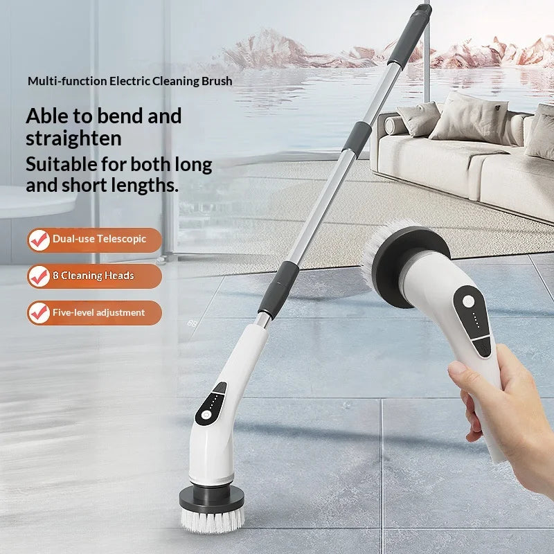 8-in-1 Cordless Electric Cleaning Brush Telescopic Long Handle Rotating Scrubber for Home Kitchen Bathroom Floor