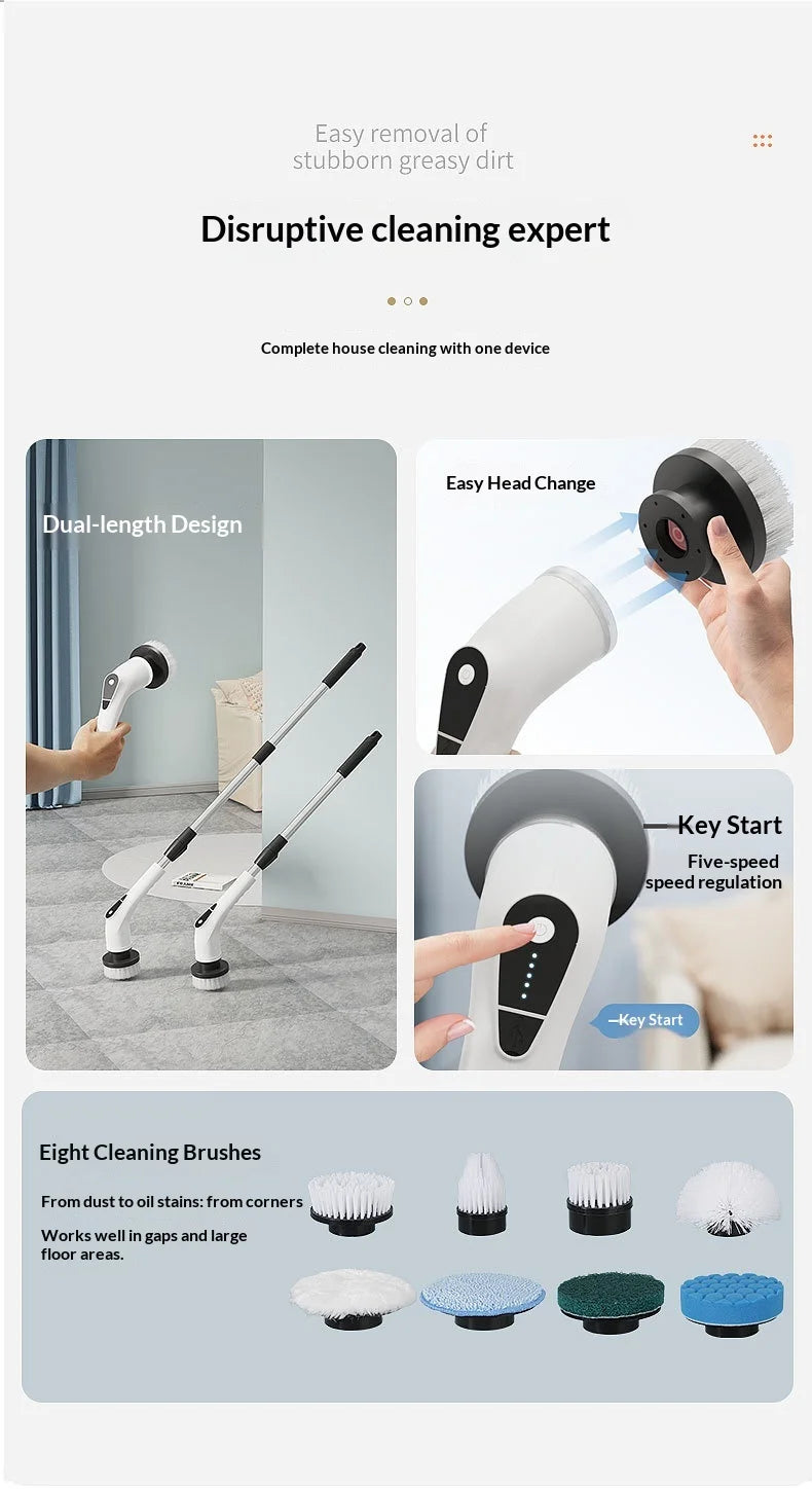 8-in-1 Cordless Electric Cleaning Brush Telescopic Long Handle Rotating Scrubber for Home Kitchen Bathroom Floor